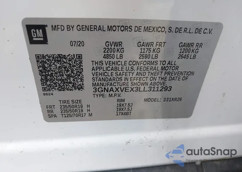 2020 Chevrolet Equinox Lt from USA, damaged, VIN 3GNAXVEX3LL311293